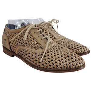 Roan Bed Stu Tomasita Beige Woven Leather Oxfords Size 10 Almond Toe Lace Shoes